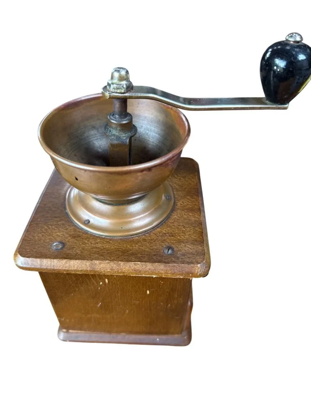 Vintage Wooden Coffee Grinder With Brass Bowl & Drawer Made In Western Germany
